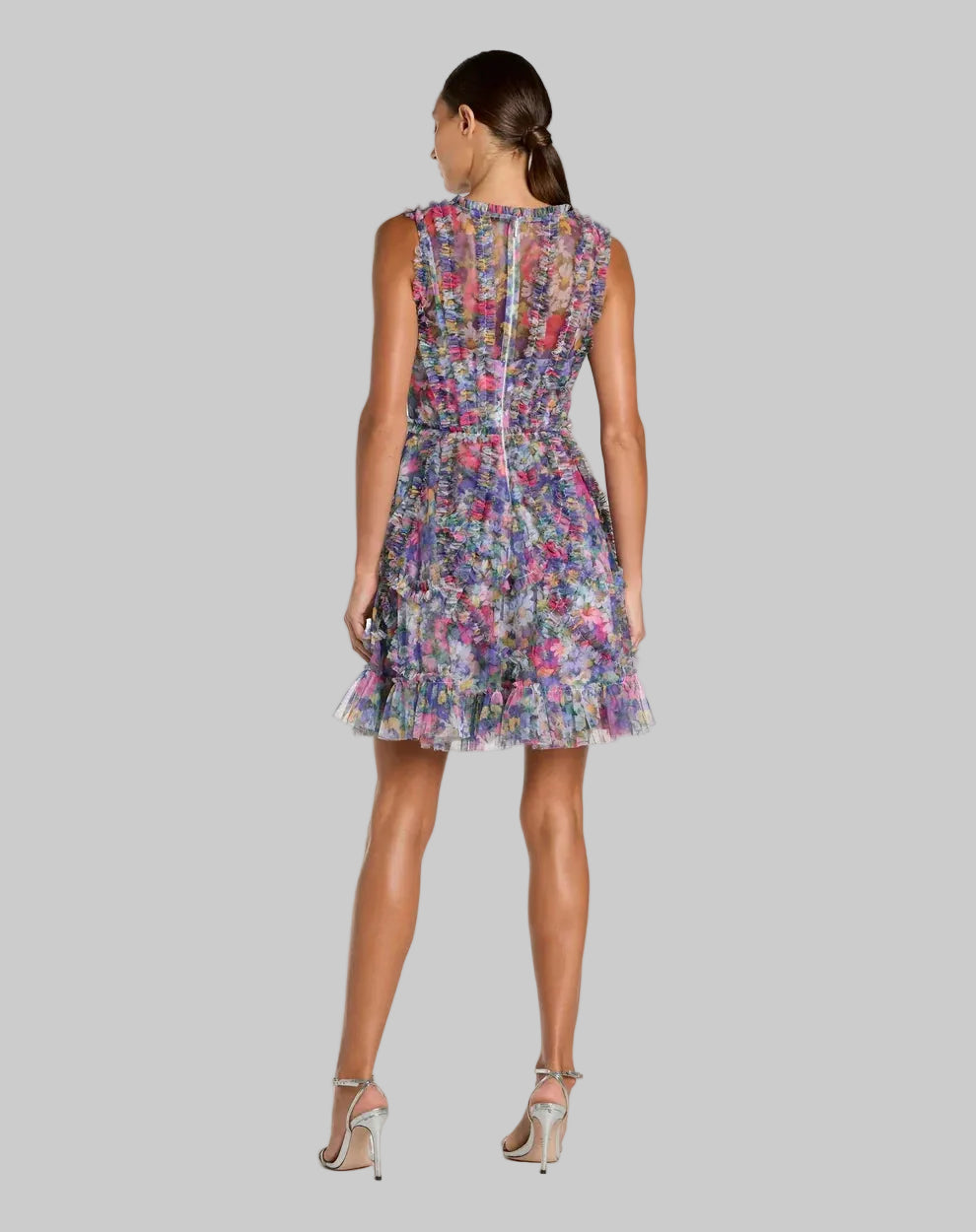 Purple Multicolor Micro Ruffle Floral A-Line Mini Dress