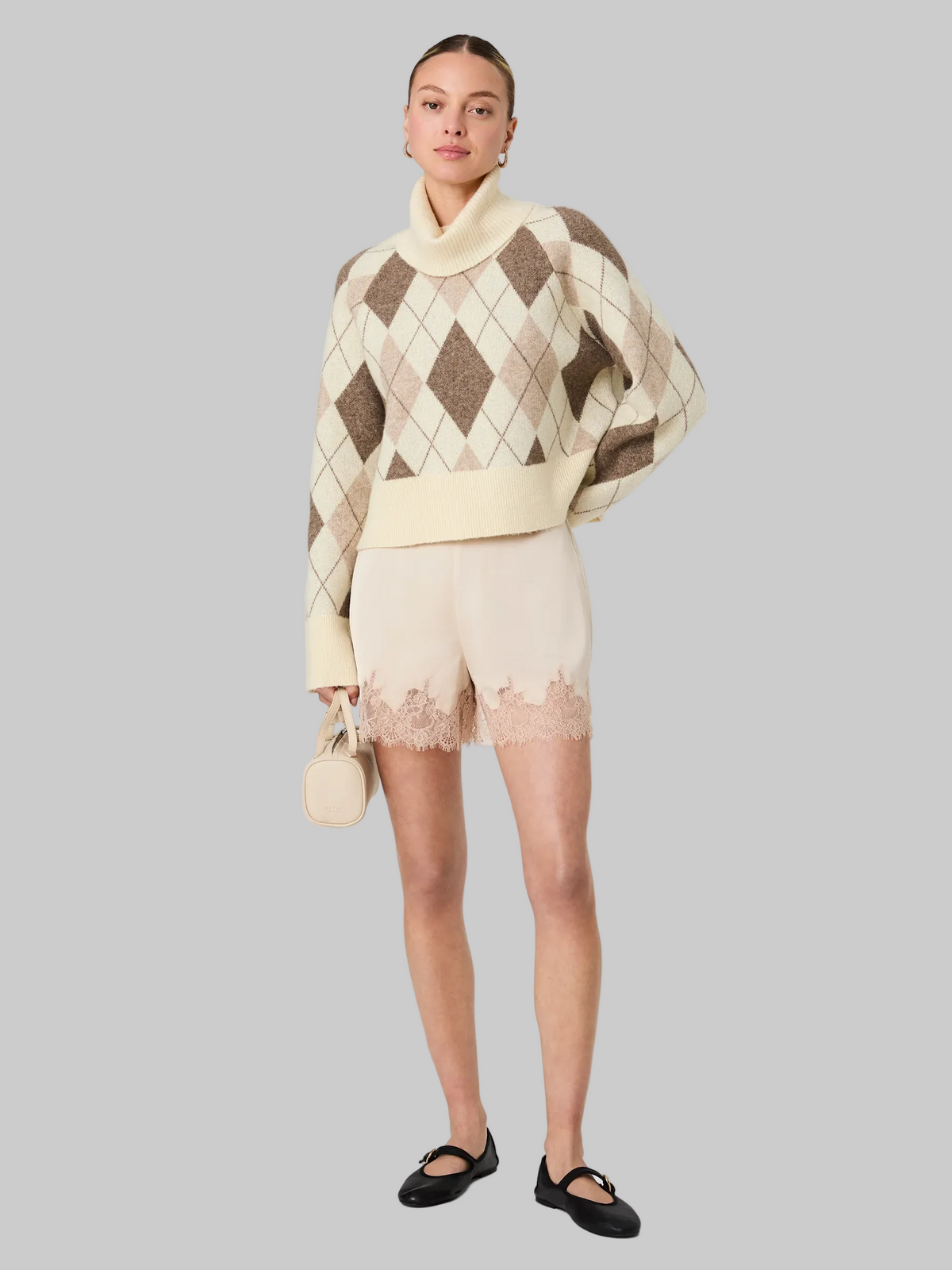 Koda Knit Argyle Turtleneck Sweater in Porcelain Cream Multi