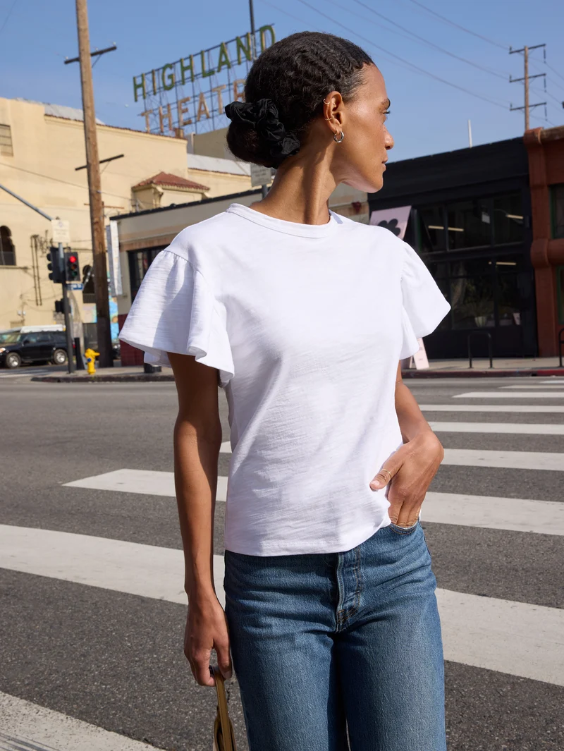 Camille Ruffle Sleeve in Optic White