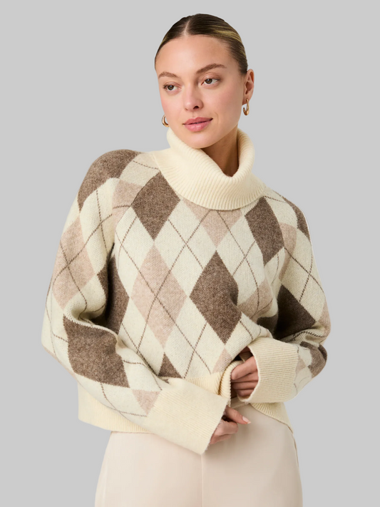 Koda Knit Argyle Turtleneck Sweater in Porcelain Cream Multi