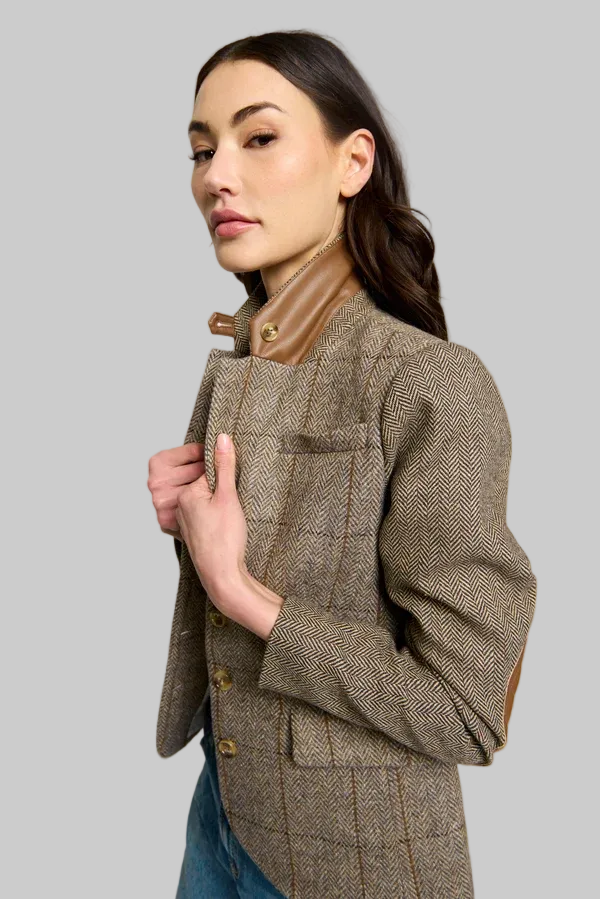 Asher Mixed Plaid Riding Jacket in Khaki