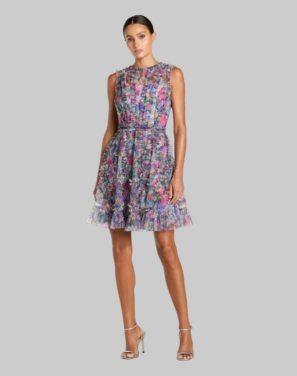 Purple Multicolor Micro Ruffle Floral A-Line Mini Dress