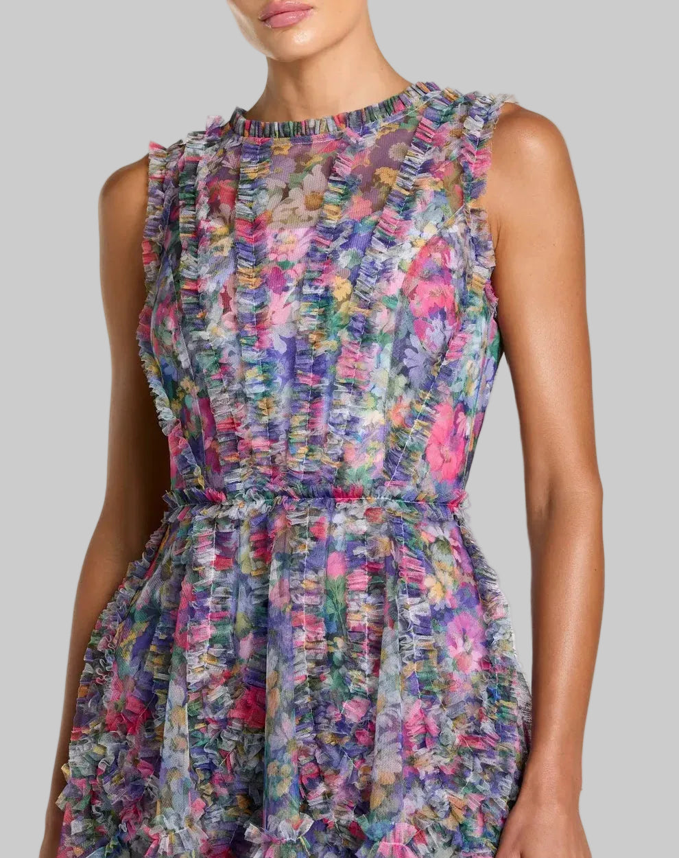Purple Multicolor Micro Ruffle Floral A-Line Mini Dress