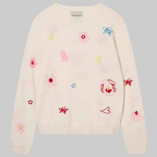 Cashmere Floral Tribute Crew in Cream