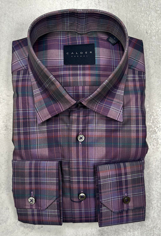 Calder Carmel- Ultimate Luxe Twill Plaid Sports Shirt in Plum