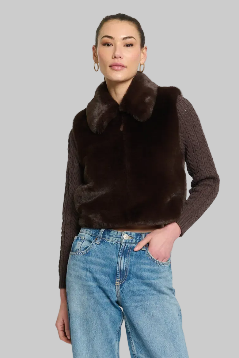 Maia Cropped Fur Cabled Sleeves Sweater in Chocolate