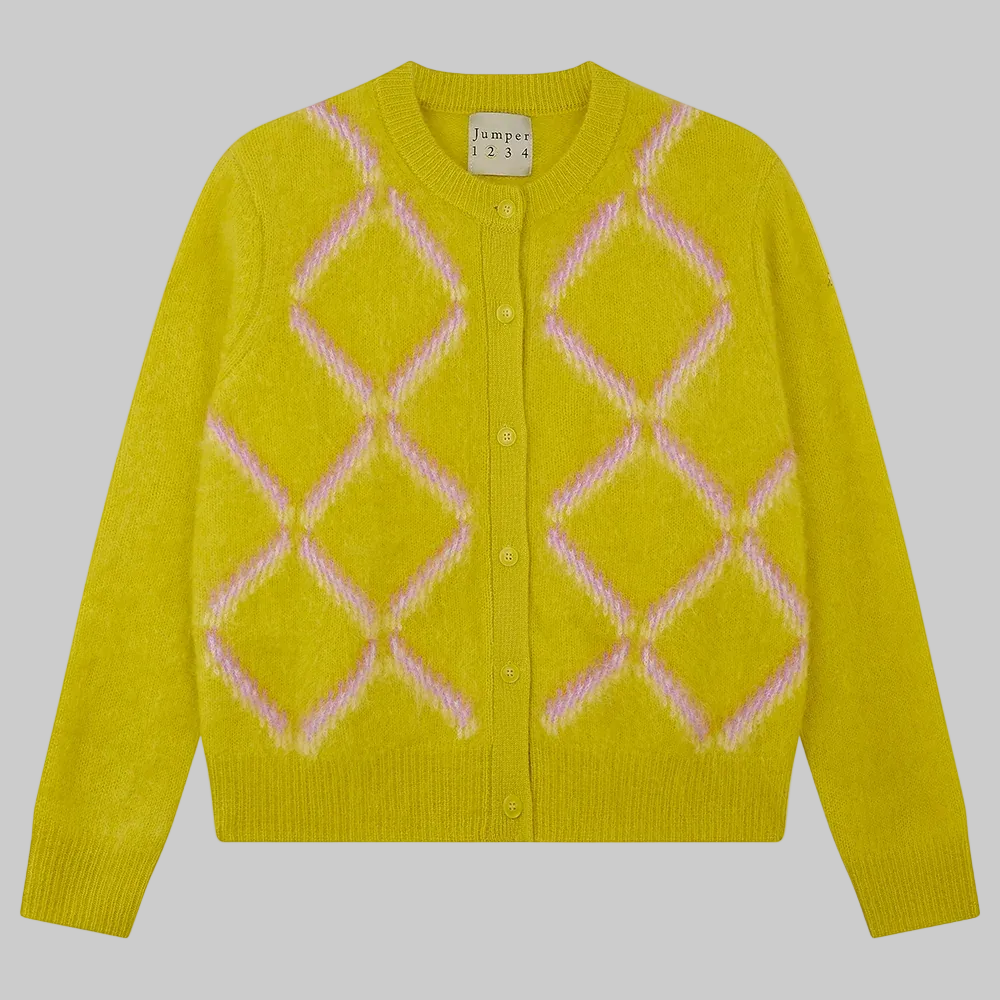 Brushed Cashmere Argyle Cardigan in Yellow/Misty Purple