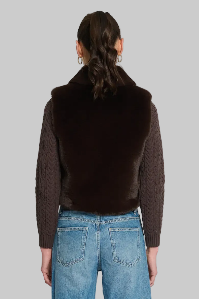 Maia Cropped Fur Cabled Sleeves Sweater in Chocolate