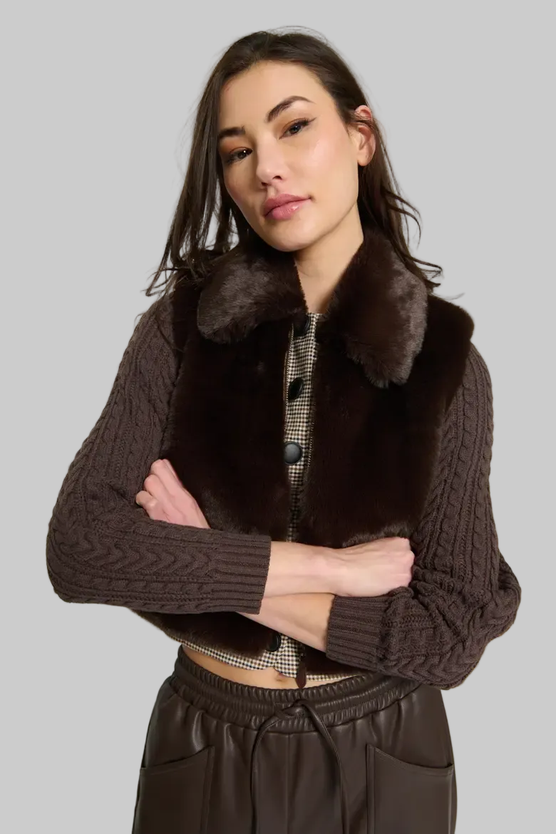 Maia Cropped Fur Cabled Sleeves Sweater in Chocolate