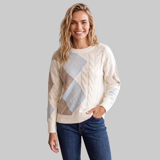 Argyle Cable Crew in Organic White