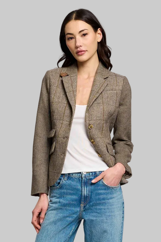 Asher Mixed Plaid Riding Jacket in Khaki