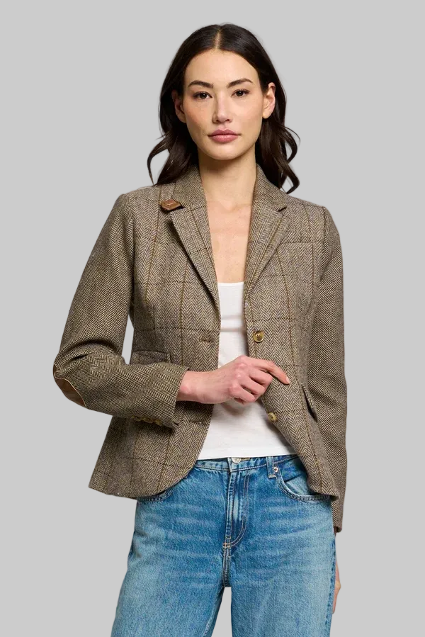 Asher Mixed Plaid Riding Jacket in Khaki