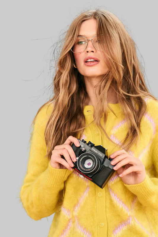 Brushed Cashmere Argyle Cardigan in Yellow/Misty Purple